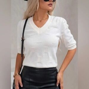 Arach&Cloz Women's‎ White Classic Sweater Tops Casual Short Sleeve Blouse Size L